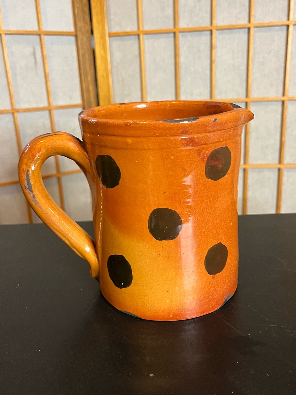 Handmade redware pottery pitcher Y2K Shooner? polka dots 5.5"